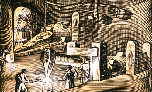 Old Forge or blacksmith producing iron and steel tools.