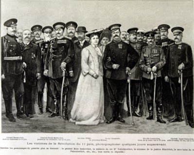 Victims of Serbian revolution on 11th of june, 1903,engraving of the Illustration, 1903 with Alex?