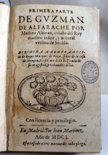 Cover of the first part of the work 'Guzman Alfarache' Mateo Alemán, published in 1601.