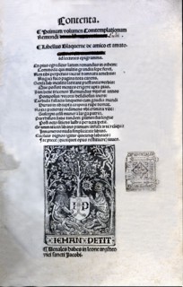 Cover of the Latin edition printed by Jean Petit in Paris in 1505, 'Libre d'Amic e d'Amat' (Song ?