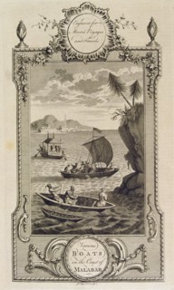 Boats on the Malabar coast, engraving in the work 'Voyages and Travels' by John Hamilton Moore.