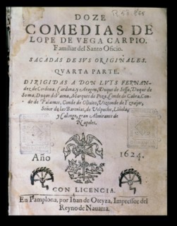 Cover 'Doce comedias' (Twelve comedies) by Lope de Vega, published in 1624 in Pamplona.