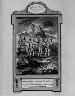 Bougainville raising the flag of France on a rock in the Strait of Magellan, engraving in the wor?