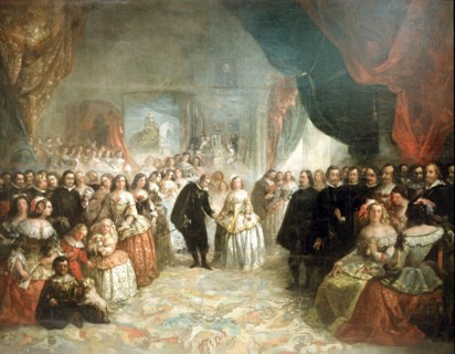 Philip IV, his court and the Meninas' detail, oil by Eugenio Lucas, 1858.