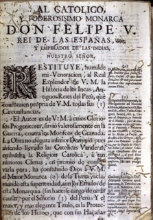 First page of the book 'Comentarios Reales' (Royal Commentaries), edition of 1723 with a dedicato?