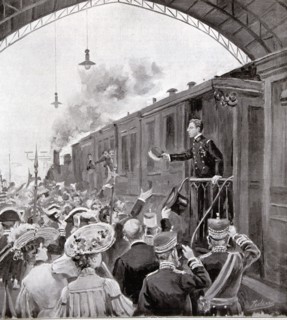 Engraving published in the magazine 'Spanish and American Ilustration' the 'Farewell to the King ?