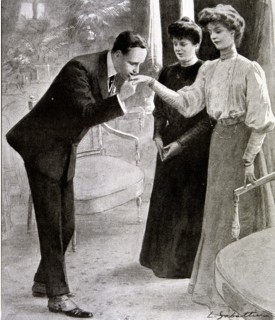 King Alfonso XIII of Spain (1886-1941) greet his fiancee Victoria Eugenia of Battenberg, engravin?