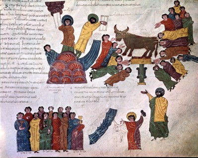Adoration of the Golden Calf, miniature in a Mozarabic bible from 10th century.