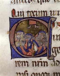 The Ascension of Jesus, illuminated capital letter from 'Episcopal Sacramentary of Elna'. Handwri?