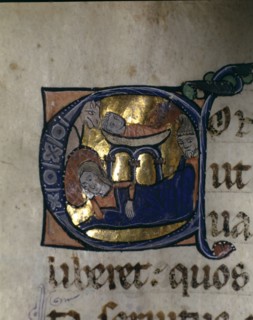 Nativity, illuminated capital letter in the 'Episcopal Sacramentary of Elna' manuscript on parchm?