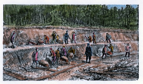 Disassembling works by Chinese workers during the construction of the Trans-Siberian Railway, eng?