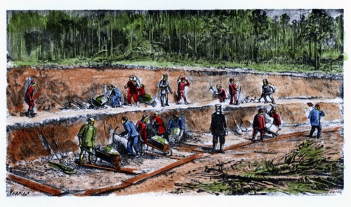 Disassembling works by Chinese workers during the construction of the Trans-Siberian Railway, eng?