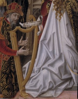 Detail of a musician playing the harp, from the painting 'Coronation of the Virgin' by Fernando G?