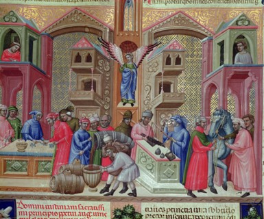 Market of the merchants, Miniature in the 'Codice Justiniano Institutiones Feodorum et Alia', ill?
