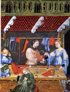 Tailoring. Miniature in 'Tacuinum sanitatis', illuminated manuscript of the late 14th century.