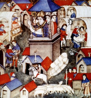 Blessing of the fair of Saint-Denis in Paris, 14th century miniature.