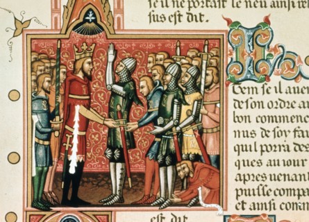 Roldan promising loyalty to Charlemagne, miniature in a page of the manuscript of the 14th century