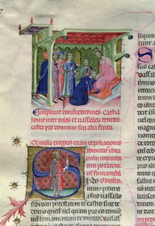 Tribute from the citizens of Barcelona to Count King or 'oath of vasallage' miniature in the 'Lli?