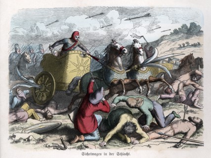 Ancient History. Persia. War chariot with sickles in their wheels. German engraving, 1865.