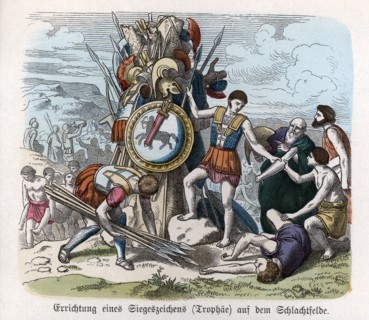 Ancient History. Greece. War trophies. German engraving, 1865.