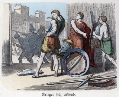 Ancient History. Greece. Greek warriors arming themselves for war. German engraving, 1865.