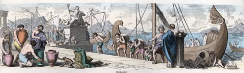 Ancient History. Greece. Maritime trading. German engraving, 1865.