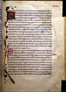 Page with an illuminated initial in the 'Llibre dels feyts del rey Jacme'.