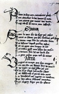 Manuscript by Ausias March, folio XXIX, XXVIII poems, Gothic writing with ornamented initials wit?