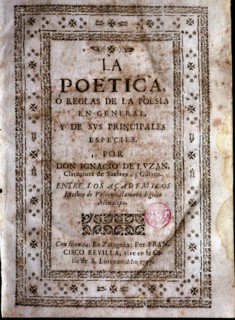 Cover of the first edition of 'La poética' (The Poetics) by Ignacio de Luzán, printed in Zaragoza?