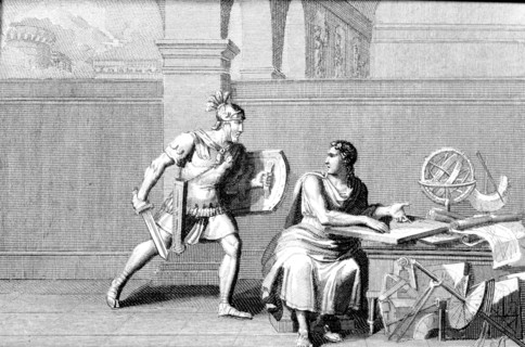 Death of Archimedes, killed by a Roman soldier during the assault on Syracuse, engraving of 1830,?