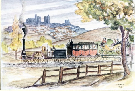 The inaugural train of the line from Madrid to Zaragoza in 1859, passing by Siguenza, drawing by ?