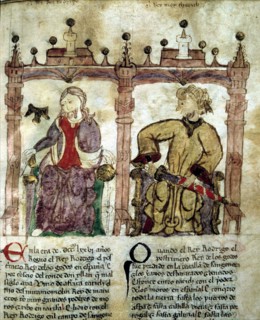 Don Rodrigo, last Visigothic King (671 -711), Tariq, Chief Berber, miniature of the  Book 'Portra?