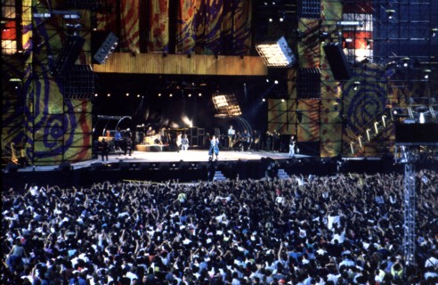 Overview of the audience and the stage during a concert of the Rolling Stones in Barcelona in 1990.