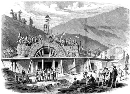 The opening of the Alps, placing the last stone in the Mont - Genís entrance tunnel between Franc?