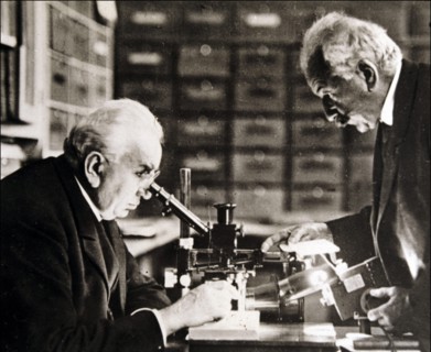 Louis and Auguste Lumière (1864-1948 and 1862-1954), French chemists and biologists in their labo?