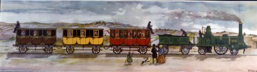 Coloured drawing of the train between Barcelona and Mataró, the first train to circulate in Spain?