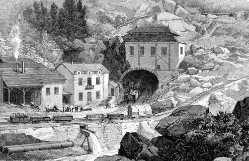 Entrance of the railroad in Saint - Gotthard tunnel in Swiss Alps, engraving, 1882.