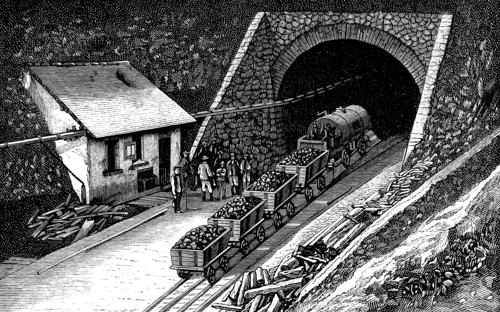 Railway entering the Saint - Gothard tunnel, in the Swiss Alps, engraving 1877.