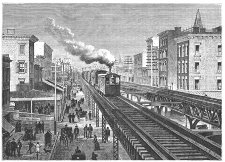 Double way overhead railway, circulating by the Seventh Avenue in New - York, engraving 1872.