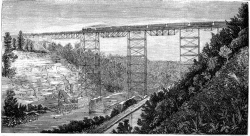 Railway passing over the viaduct built over the Genesee River, engraving, 1877.
