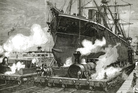 Railway towing a boat across the Isthmus of Panama, engraving 1881.