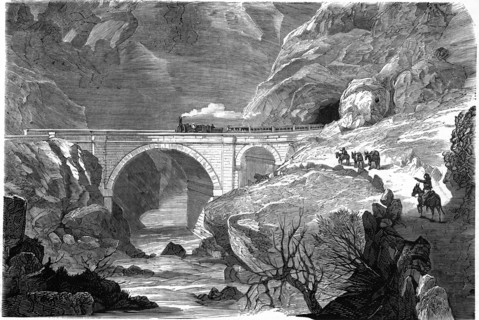 Techas Gorge, bridge over the Bayas river in the Railroad Bilbao to Tudela, engraving 1860.