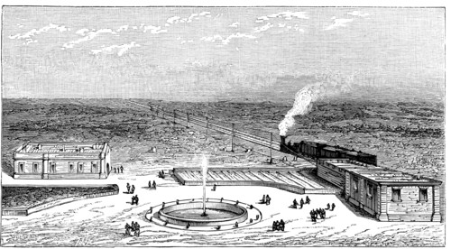 Geok-Tepe station on the Trans-Caspian railway, engraving, 1895.