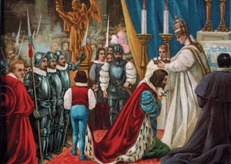 Drawing of the coronation as emperor by Pope Clemente VII in 1529. Charles V (1500-1558) King of ?
