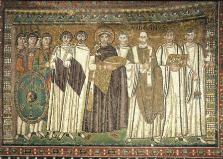 Justinian and his entourage', Mosaic Church of San Vitale in Ravenna.