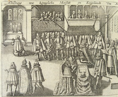 A session of the British Parliament in 1623, engraving.