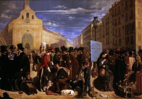 Traditional Madrid people in Puerta del Sol in Madrid before the urban reform, 1855.