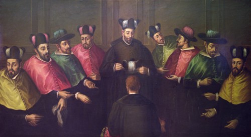 Imposition of the doctoral mortarboard, original copy of the 17th century.