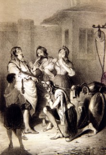 Engraving 'Don Quixote is knighted', character of Miguel de Cervantes, comparative edition of  F.?