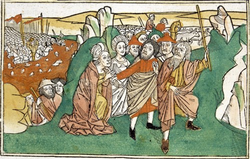Moses in the Red Sea, scene in the Bible of Nuremberg, written in German, 1483.